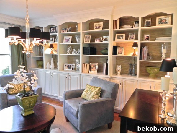 Living room with green accents and grass cloth wallpaper on bookcases