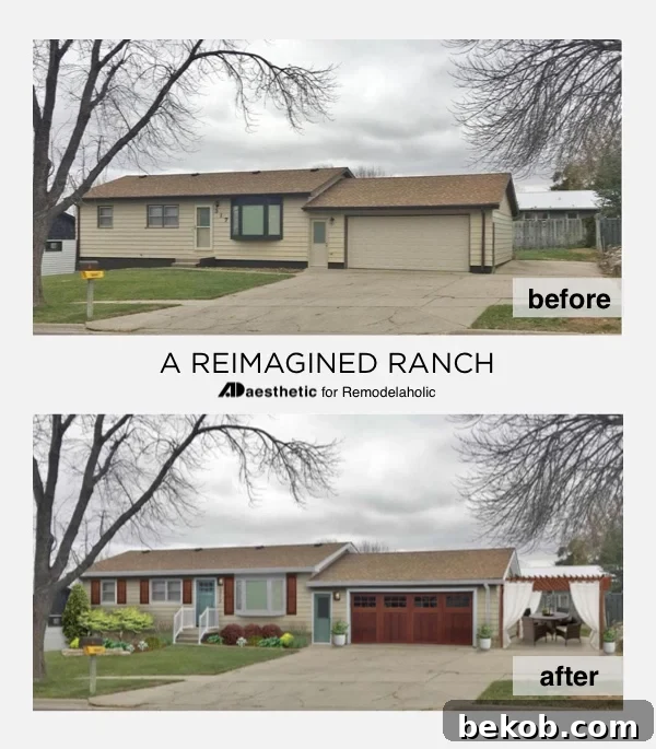 A dated ranch exterior gets a reimagined look and added curb appeal without painting in this virtual makeover featuring new cedar shutters, a pergola, and a new garage door. Discover ranch home exterior transformation ideas.