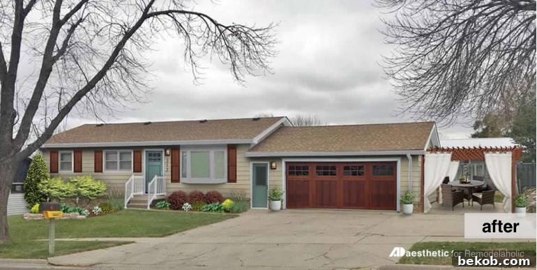 After image of the reimagined ranch exterior, showcasing dramatic curb appeal improvements achieved without painting the house. Features new garage door, cedar shutters, and pergola.
