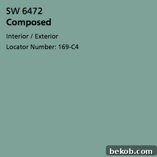 SW Composed 6472 paint color swatch, a sage green hue ideal for exterior accents on a ranch home makeover.