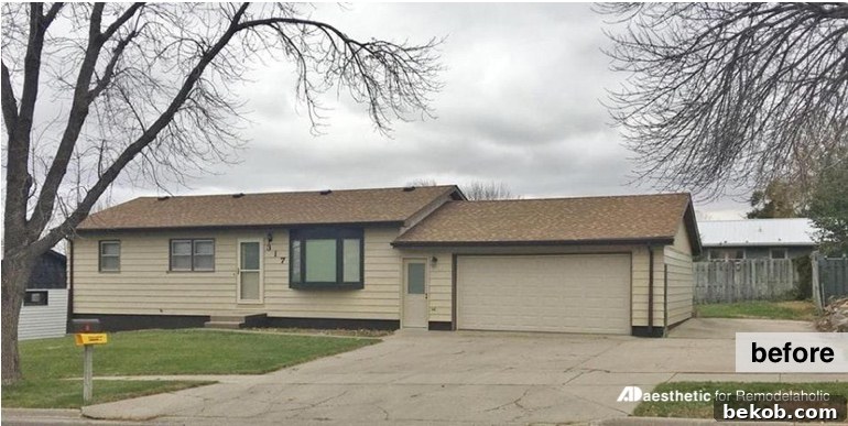 Before image of a ranch house exterior, showing its original state before the curb appeal transformation. A classic ranch home awaiting a makeover without painting.
