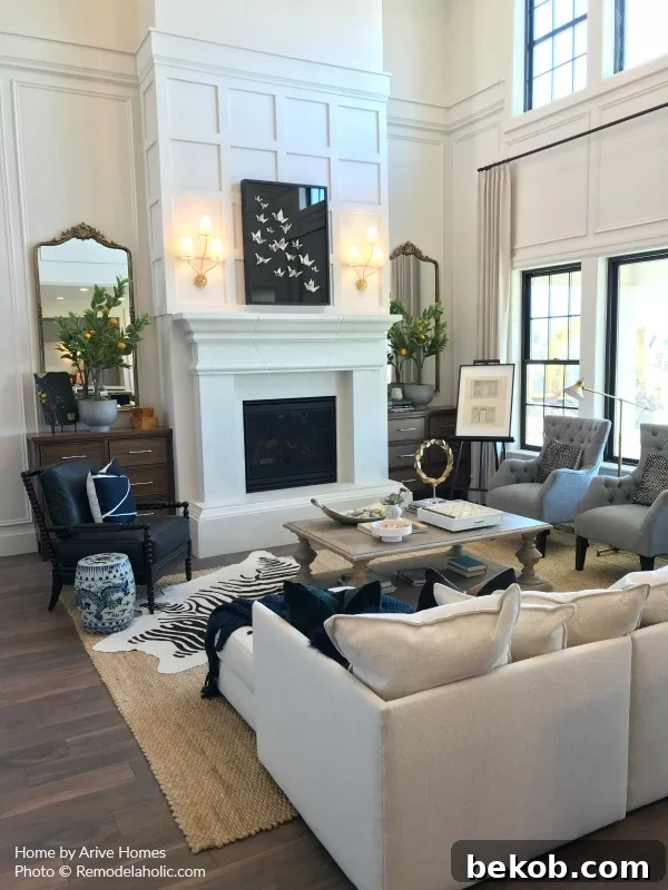 Scandinavian Style Great Room With White Fireplace, Arive Homes And Brandalyn Dennis,Utah Valley Parade Of Homes 2018, Featured On Remodelaholic