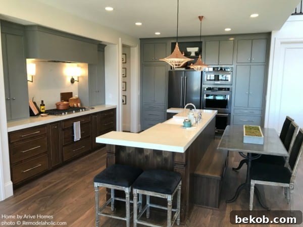 Rustic Modern Kitchen With Mixed Color Cabinets And White Countertops, Arive Homes, Brandalyn Dennis, 2018 Utah Valley Parade Of Homes, Featured On Remodelaholic