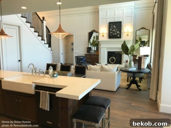 Modern Farmhouse Kitchen And Great Room In Wood And White, Arive Homes And Brandalyn Dennis Design, 2018 Utah Valley Parade Of Homes, Featured On Remodelaholic