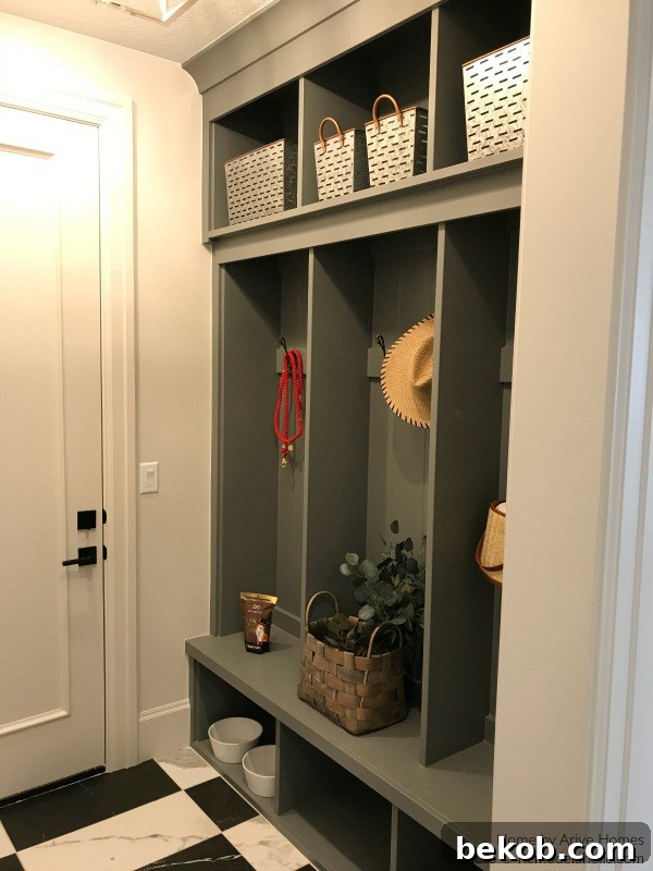 Gray Mudroom With Built In Bench And Lockers And Cubbies, Arive Homes And Brandalyn Dennis Design, 2018 Utah Valley Parade Of Homes, Featured On Remodelaholic