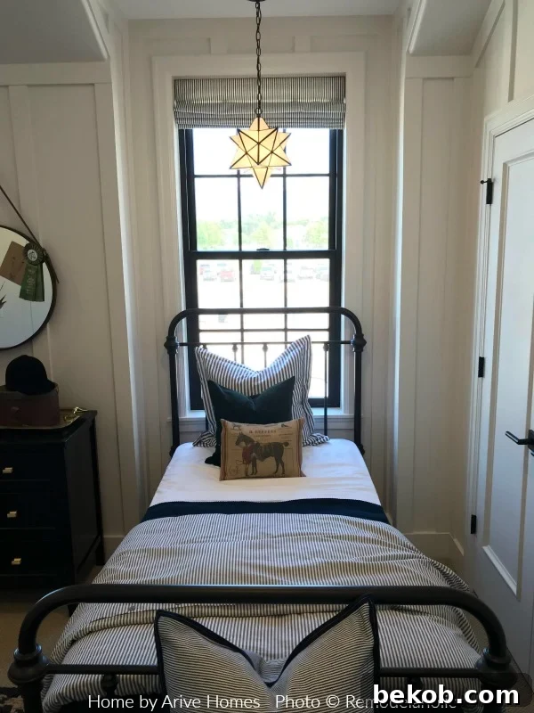 Striped Bedding and Horse Throw Pillows in Boys Bedroom