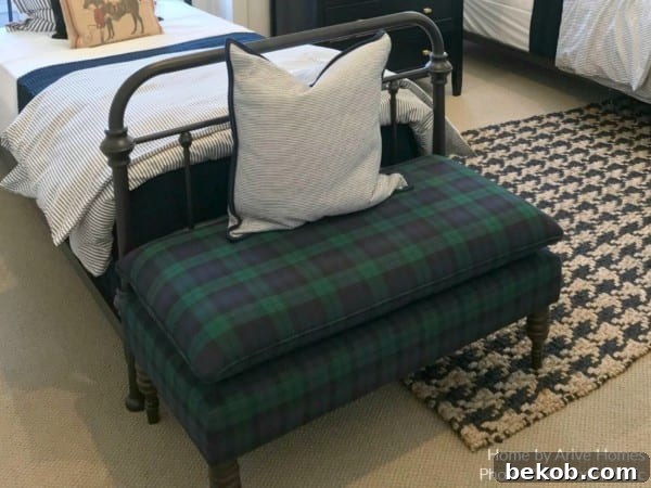 Plaid Upholstered Bench in Boys Shared Room