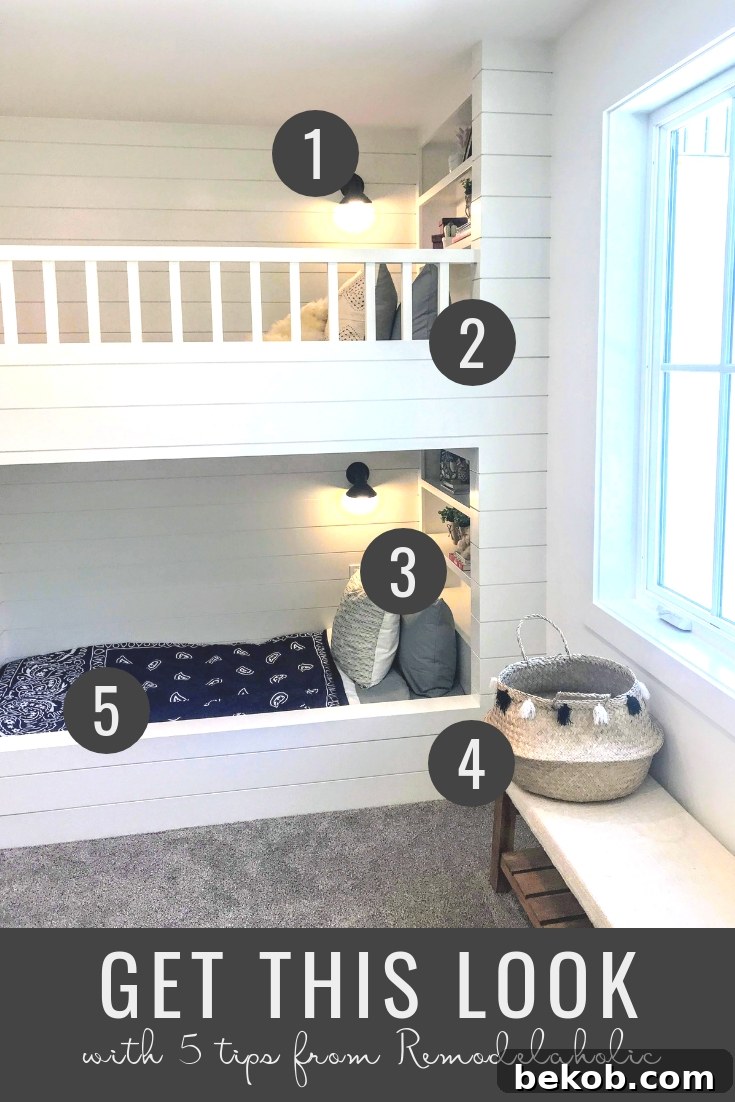 Get This Look: Modern Farmhouse Kids' Bunk Room | A neutral palette and crisp modern farmhouse style make this bunk room perfect for a shared kids room for boys and girls! Home built by Millhaven Homes, photos by #Remodelaholic #getthislook #modernfarmhouse