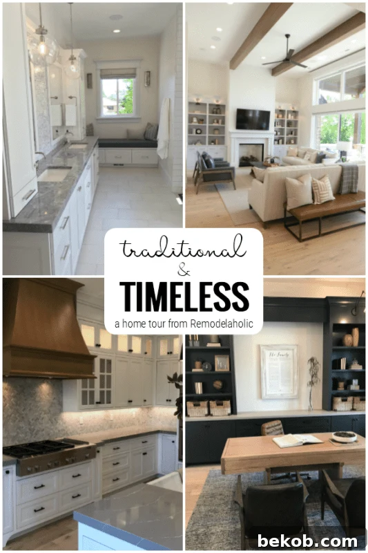 Timeless Traditional Home Style Inspiration: A custom home featuring a beautiful kitchen, spacious bathrooms, open living room with wood beams, and a modern study/home office.