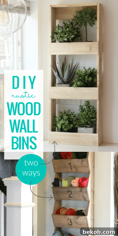 A rustic wood wall bin is the perfect wall storage for hats and gloves, craft supplies, plants, bathroom toiletries, and more. Build an easy no-tools-required wall bin or a simple angled wall bin. #remodelaholic #freebuildingplan #beginningbuilder