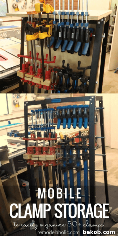 Organize your woodworking clamps and tools with this sturdy mobile clamp rack and tool storage system. Perfect for clamp storage and tool organization. #remodelaholic