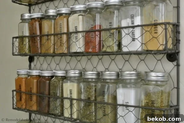 Affordable Chicken Wire Wall Shelf As A Modern Farmhouse Spice Rack, Printable Spice Labels #remodelaholic