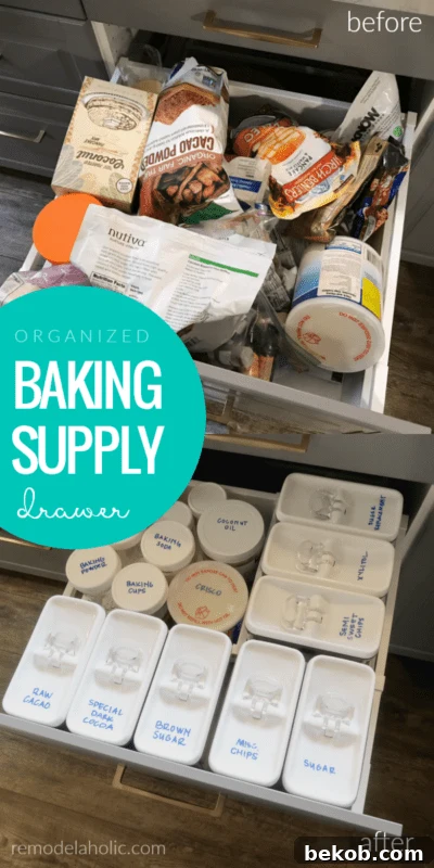 How To Organize Baking Supplies In A Deep Drawer As A Pantry Alternative For A Small Kitchen #remodelaholic