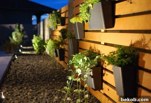DIY Modern Wood Slat Garden Wall With Hanging Planters And Spotlights, The Garden Glove Featured On Remodelaholic