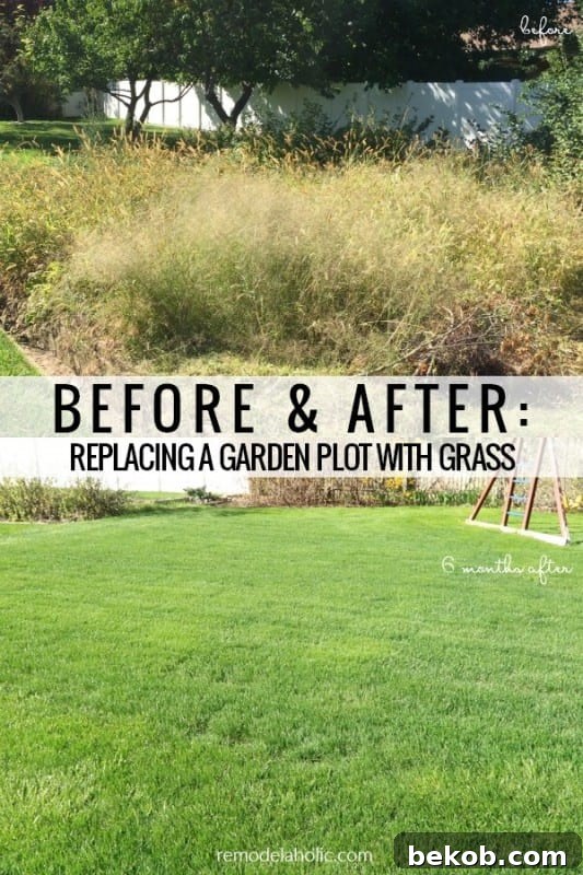 Before and After, Replacing A Garden Plot With Grass, DIY Sod Installation Tips #remodelaholic