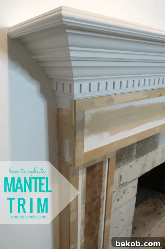 How To Update Mantel Trim For A Modern Fireplace Update, featuring before and after views of the shaker style transformation