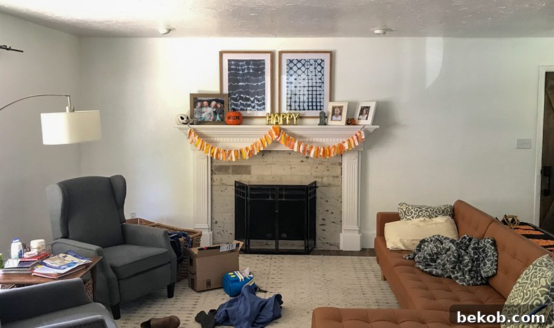 Fireplace mantel before the makeover, serving as the base image for the design sketch