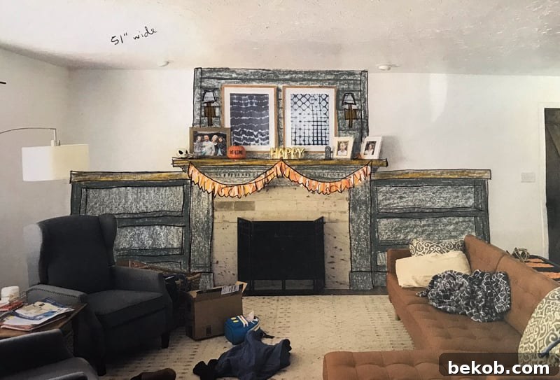 Conceptual sketch of DIY fireplace makeover changes, featuring flanking bookshelves for future integration