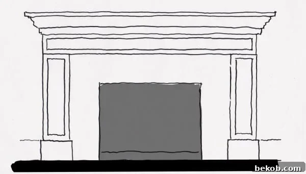Fireplace Mantel Sketch illustrating a modern shaker style molding surround design