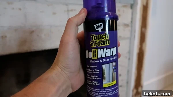 DAP No Warp Touch 'n Foam for sealing drafts around the fireplace