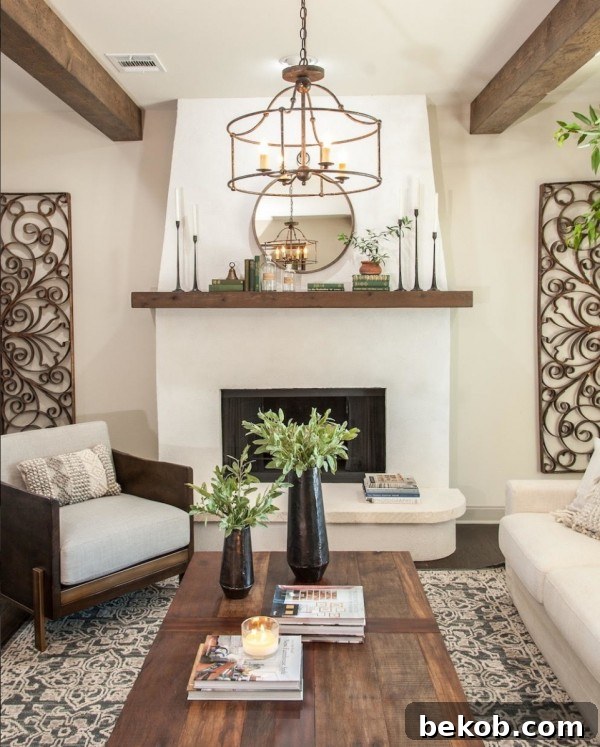 Neutral Living Room With Wooden Beams In The Ceiling And Metal Accents And Wooden Coffee Table