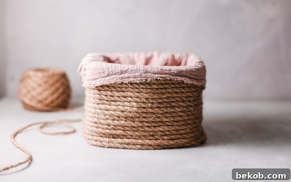 Beautifully upcycled storage basket made from a cardboard box, twine, and fabric