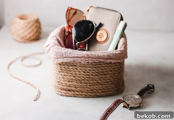 Close-up of the textured twine exterior of the DIY upcycled storage basket