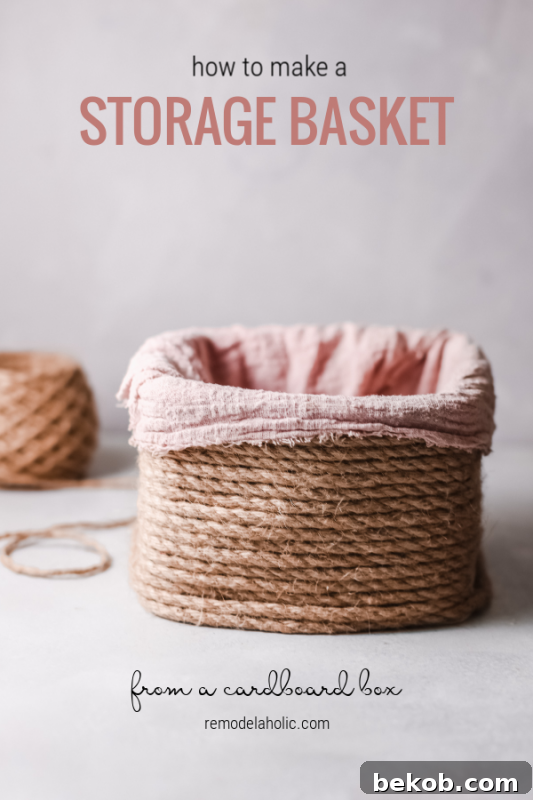 Detailed view of a finished upcycled storage basket with pink fabric lining, showcasing its rustic charm and practical design