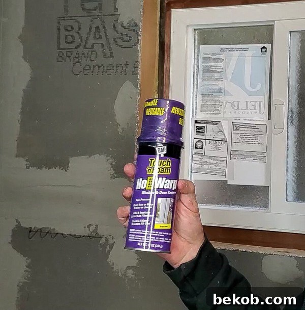 Applying DAP Touch 'n Foam sealant around the new window frame