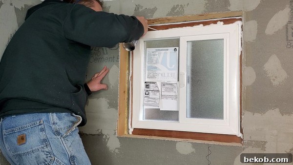 Foam expanding to seal gaps around the basement bathroom window