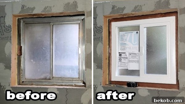 New vinyl window installed and sealed in basement bathroom