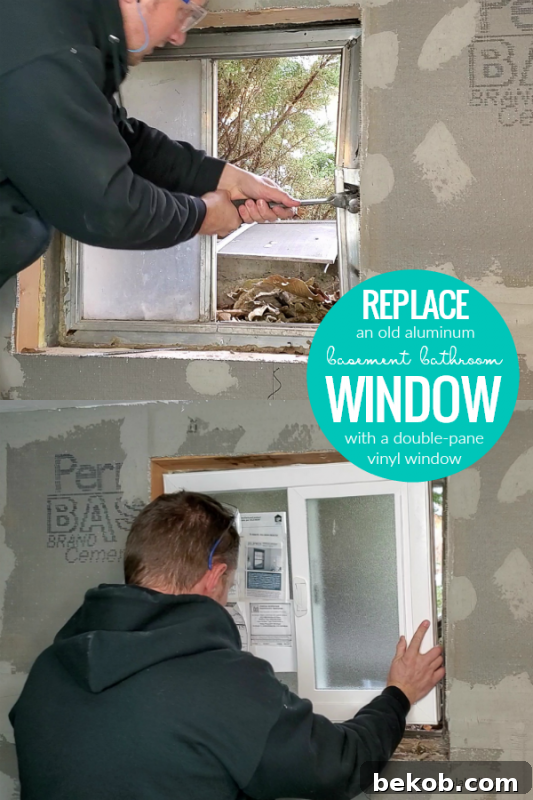 Install A New Window In Basement Bathroom: How To Replace An Old Aluminum Window With A New Double Pane Vinyl Window, plus how to seal the window using foam and caulk for a weather tight and energy efficient home #remodelaholic