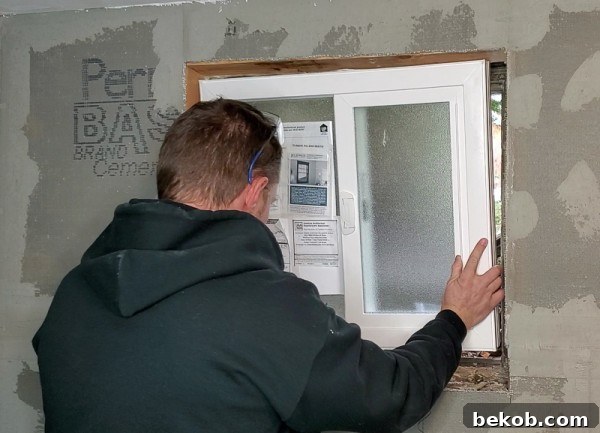Dry fitting the new vinyl window in the basement bathroom opening