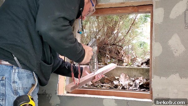Applying DAP DynaGrip adhesive to redwood trim for window frame