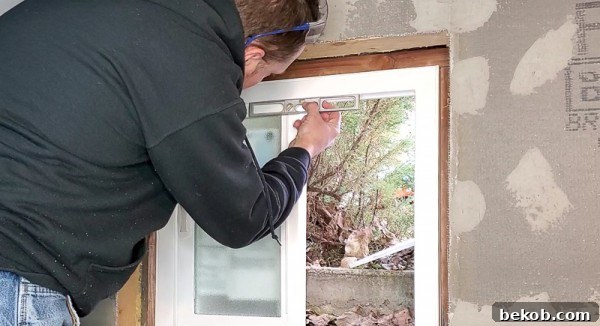 Checking if the new window is level in the basement bathroom opening