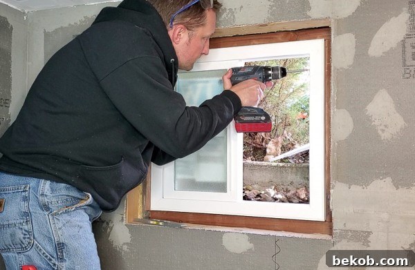 Screwing the new vinyl window to the redwood frame