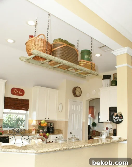 Easy Ladder Decor Ideas: Hang a Ladder for Overhead Kitchen Storage
