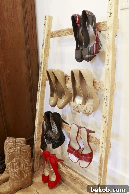 Ladder Decor Idea: Use a Pallet Wood Blanket Ladder to Store Shoes