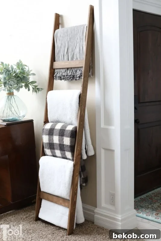 Big Blankets On A Wooden Quilt Ladder Decor Idea, HerToolbelt