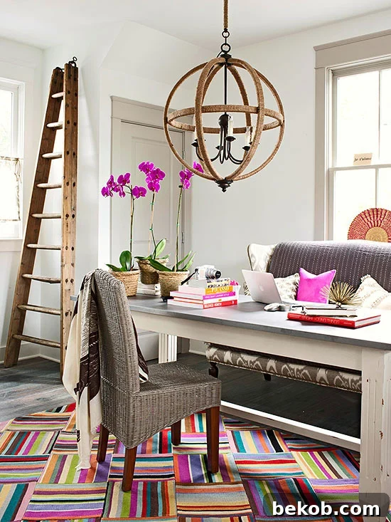 DIY Wooden Ladder Decor Ideas: Home office with angled orchard ladder decor