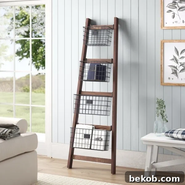 Wooden Orchard Ladder Decor Ideas, Angled Blanket Ladder With Storage Baskets