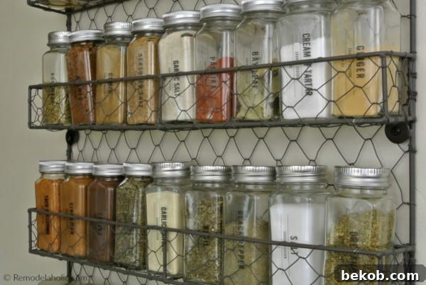Affordable Chicken Wire Wall Shelf As A Modern Farmhouse Spice Organizer, Printable Spice Labels
