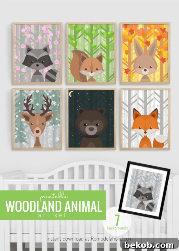 Printable Woodland Animal Nursery Art Set, All Seasons Plus Night Sky 7 Backgrounds 6 Creatures Remodelaholic