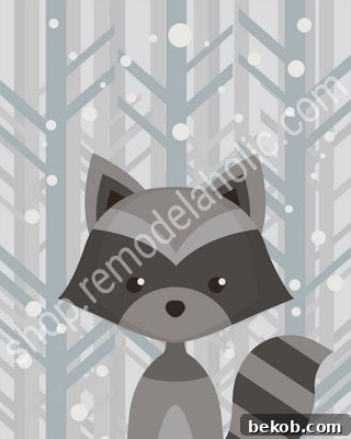 Winter Grey Woodland Animal Nursery Art Raccoon