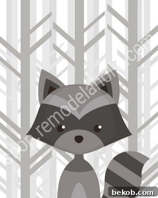 Gray Forest Woodland Animal Nursery Art Raccoon