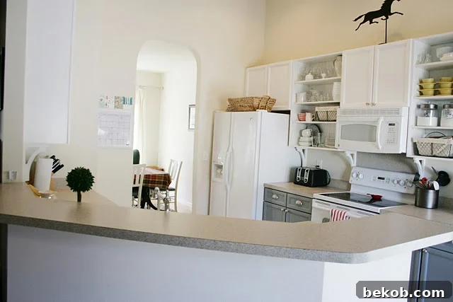 Before kitchen photo, showing original cabinets and layout, indicating the starting point of the renovation.