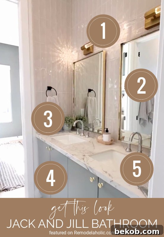 Jack and Jill bathroom decorating tips for a transitional style, featuring double sinks and elegant lighting.