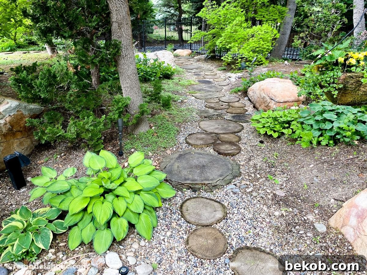 Large log slice stepping stones set in pea gravel; Garden Path Ideas To DIY 03 Zen Garden Backyard Ideas; 14 Pathways to Heaven