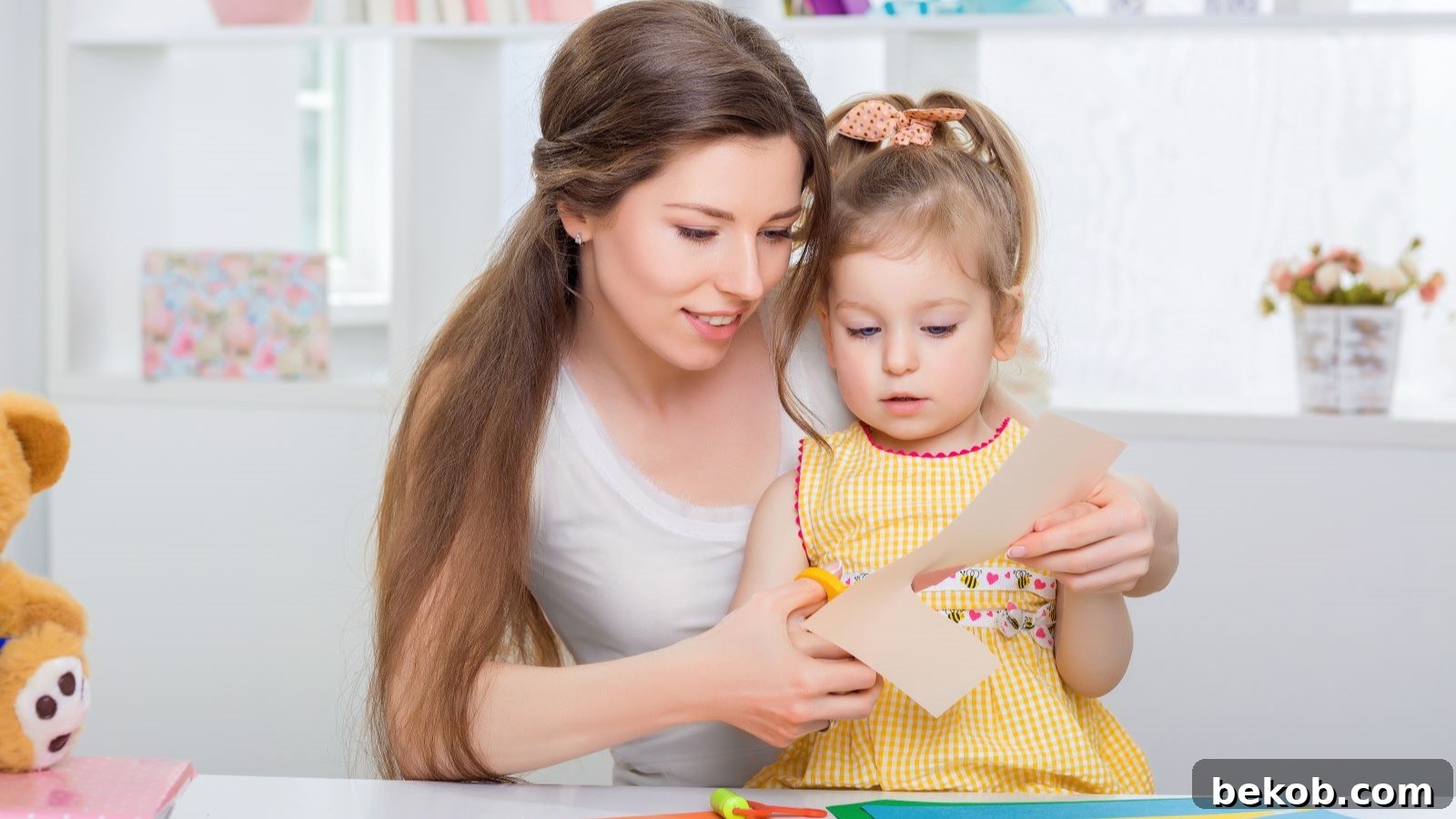 A woman and her daughter joyfully engaged in a paper craft activity together.