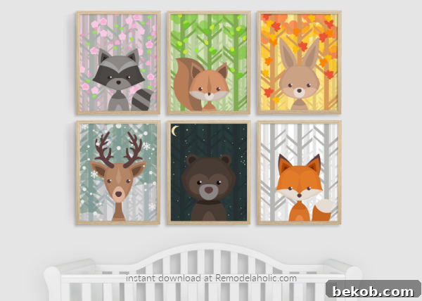 A delightful set of six printable woodland animal art pieces, perfect for a nursery or child's room.
